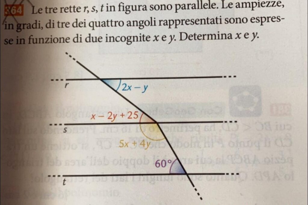 le tre rette r, s, t sono parallele. Le ampiezze, in gradi, di tre dei ...