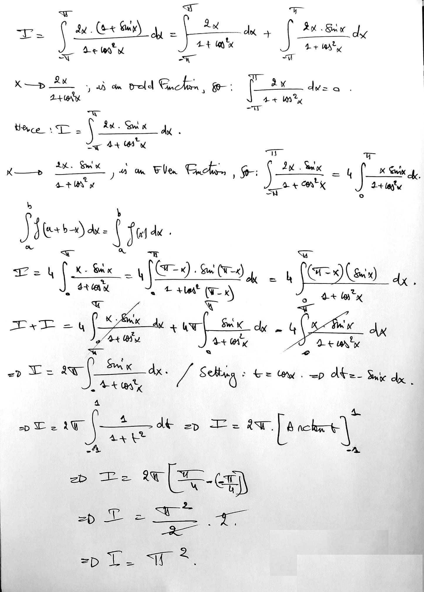 integrale definito [-pigreco, pigreco] di 2x(1+sin(x)) / 1 + cos^2 x in ...